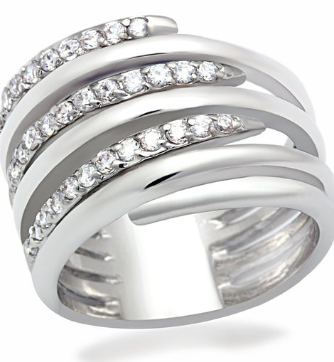 LO2075 - Rhodium Brass Ring with AAA Grade CZ  in Clear